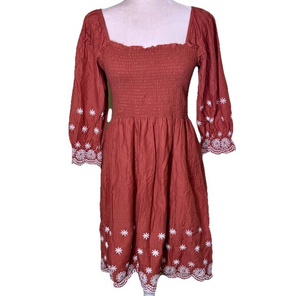 Kings Road Women’s Milkmaid Prairie Romantic Boho Smocked Puff Sleeve Dress Med - Picture 1 of 8